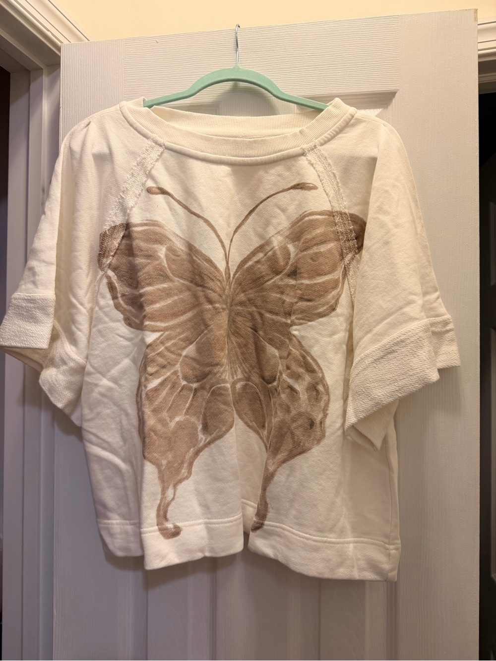 Free People Cream Short Sleeve Sweatshirt with Brown Butterfly